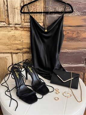 Lulus Black Lace Up Heels | Strappy Square Toe Stiletto Sandals | 8.5 NWOB